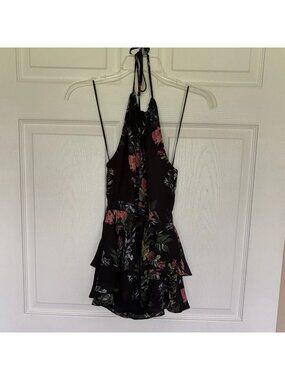 Parker NY Black Multicolor Floral Low Back Halter Top Tiered Keyhole Small NWT